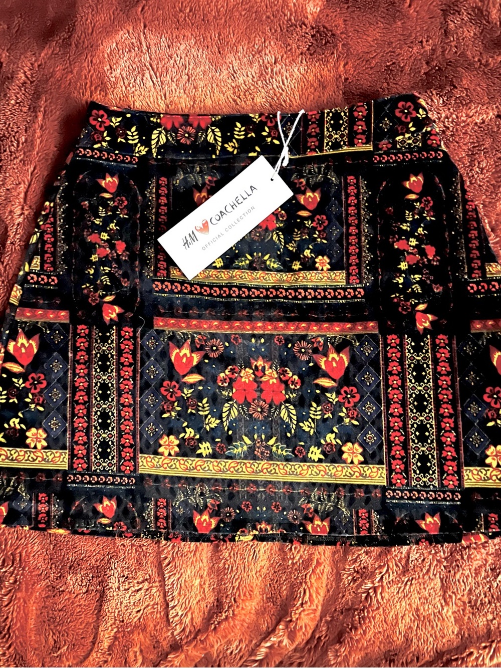 H&M Black Velvet Mini Skirt with Red & Yellow Floral Patchwork